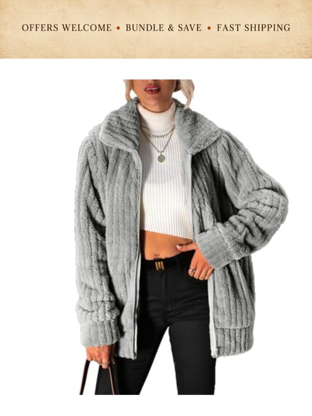 Fleece Jacket Full Zip Long Sleeve Lapel Collar Sherpa Coat with Pockets